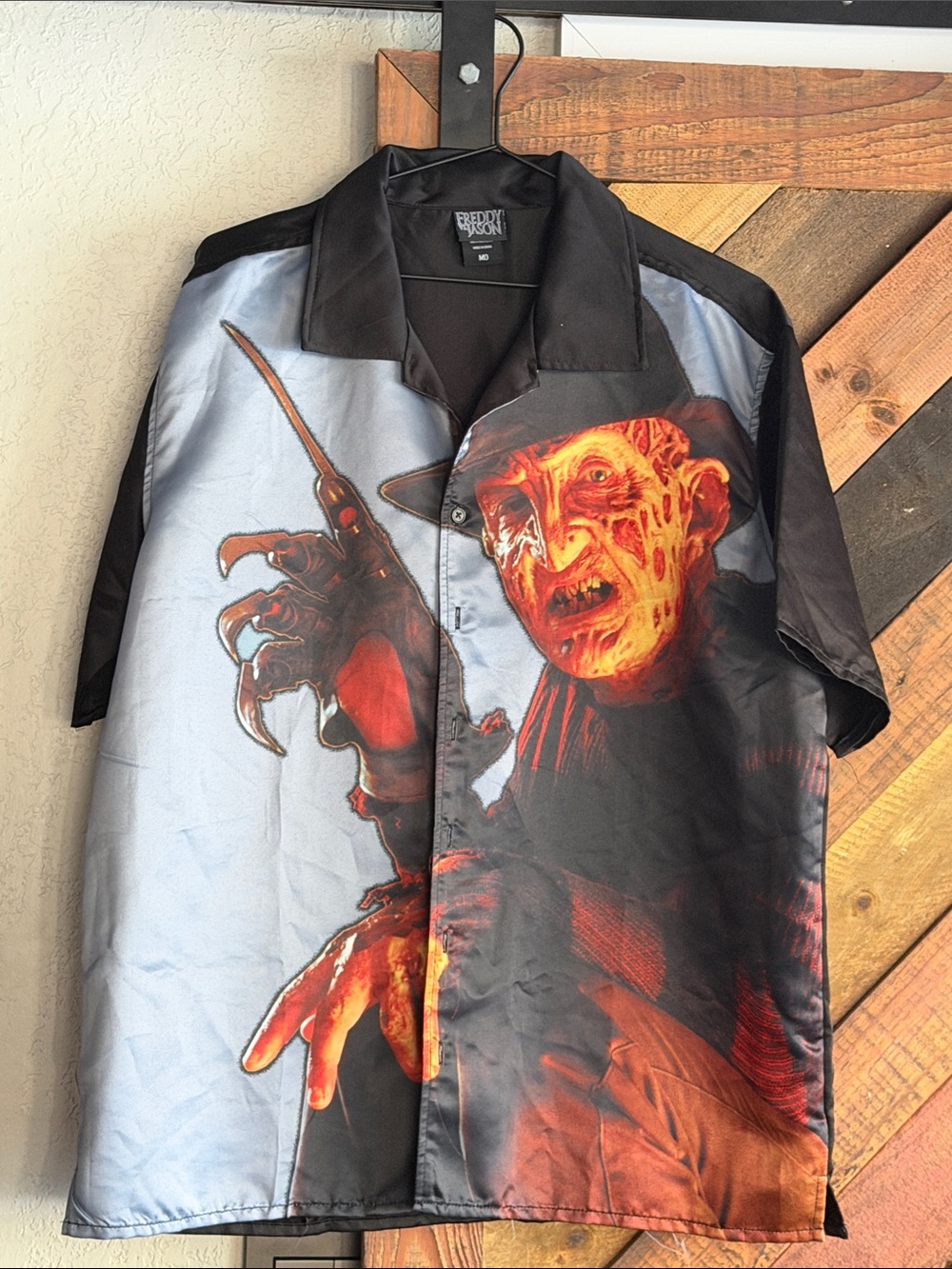 Freddy Krueger Short-Sleeve button Shirt - Black & Gray HALLOWEEN m medium